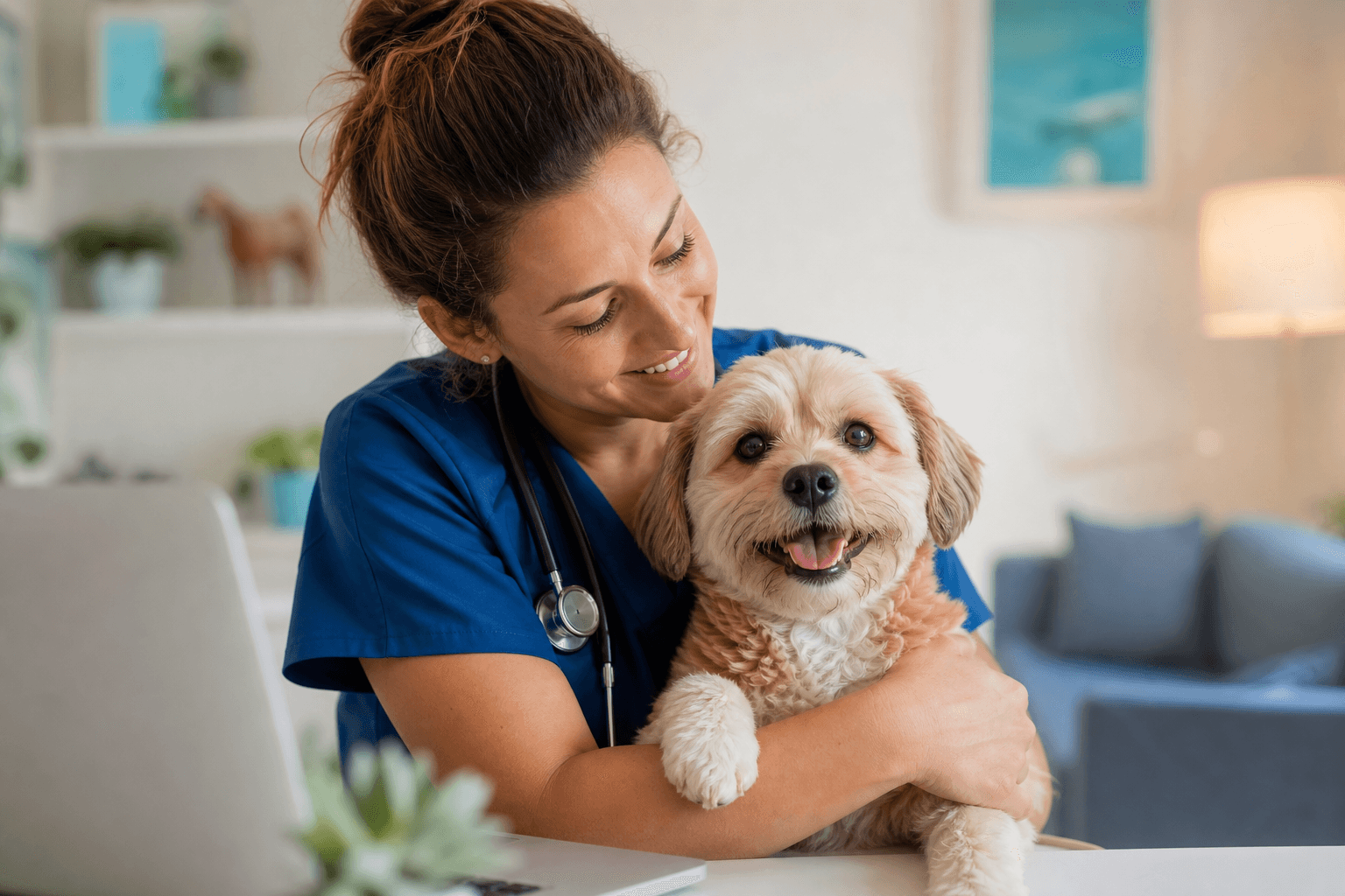 A veterinary professional with a happy dog