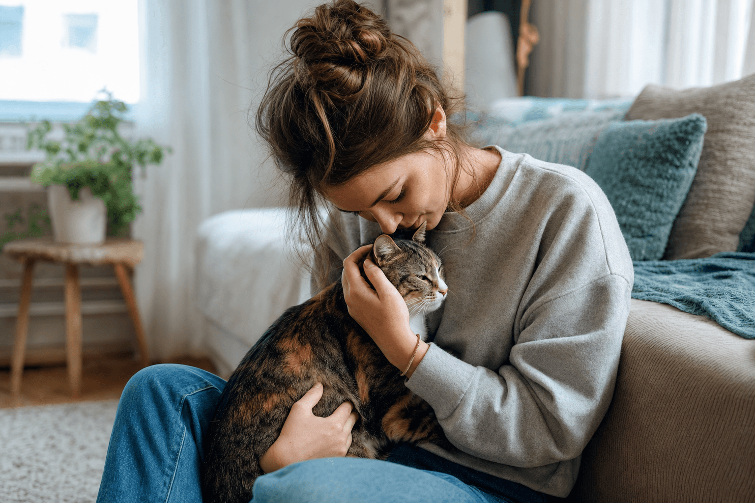 A pet owner comforting their cat at home