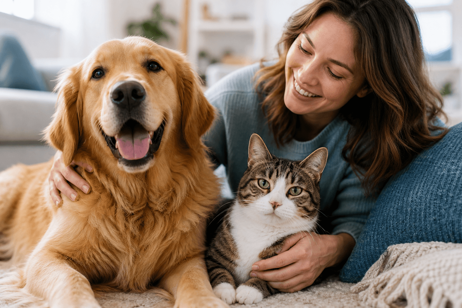 A dog and cat at home with their owner