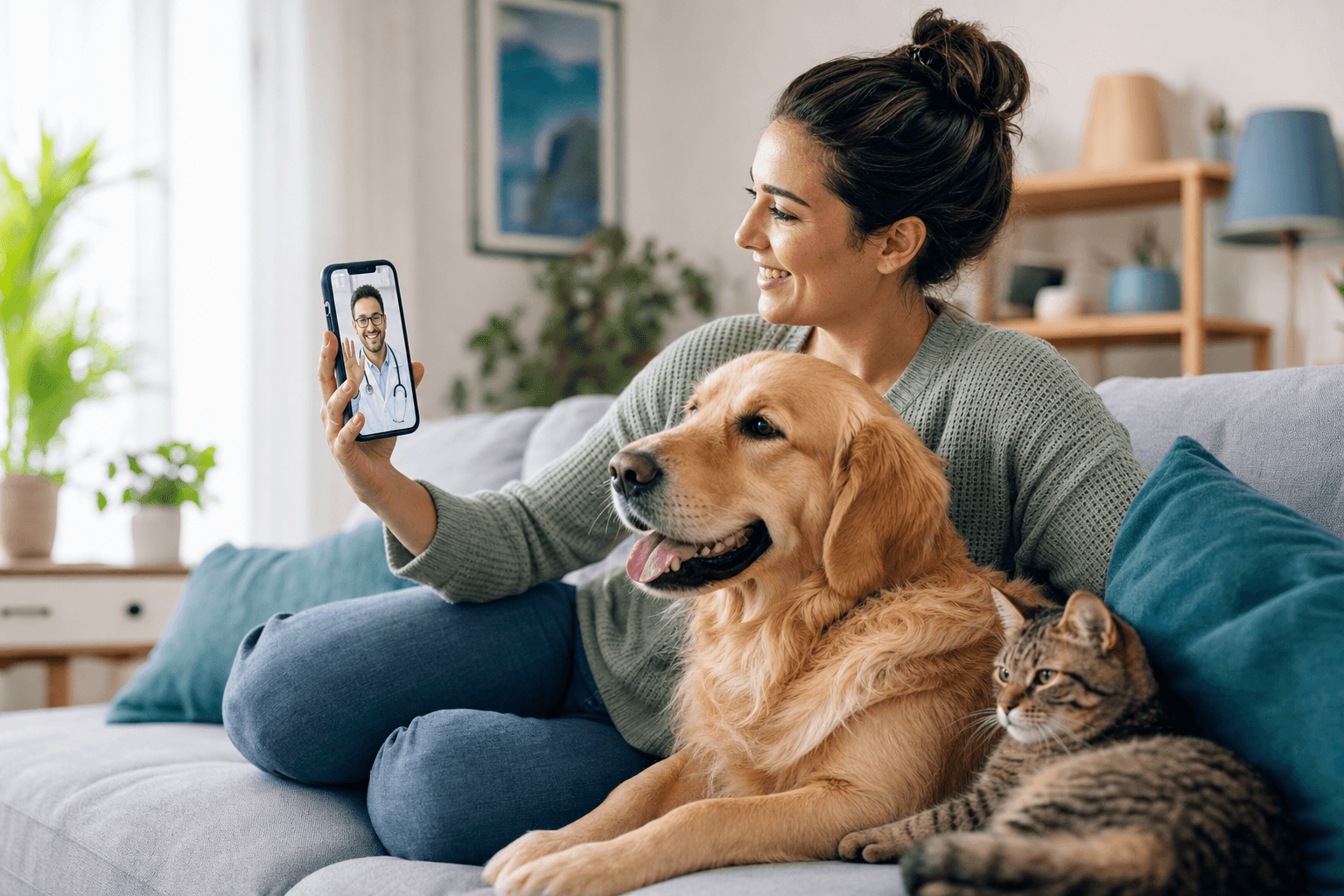 A pet owner connecting with a veterinary professional about their dog and cat
