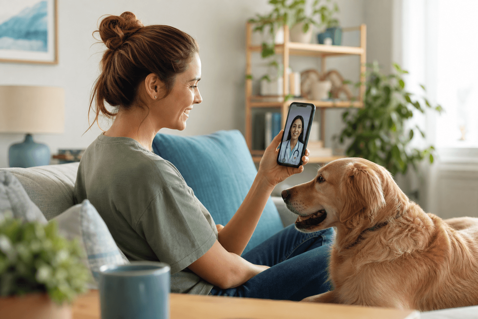 A pet owner on a video call with a veterinary professional